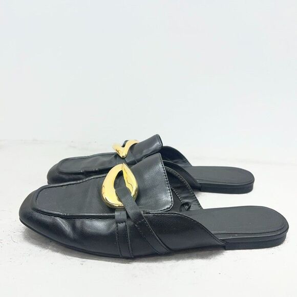 Zara Black Leather Embellished Metallic Slip-On Mule Flat Loafers Womens Size 39 - Picture 1 of 8